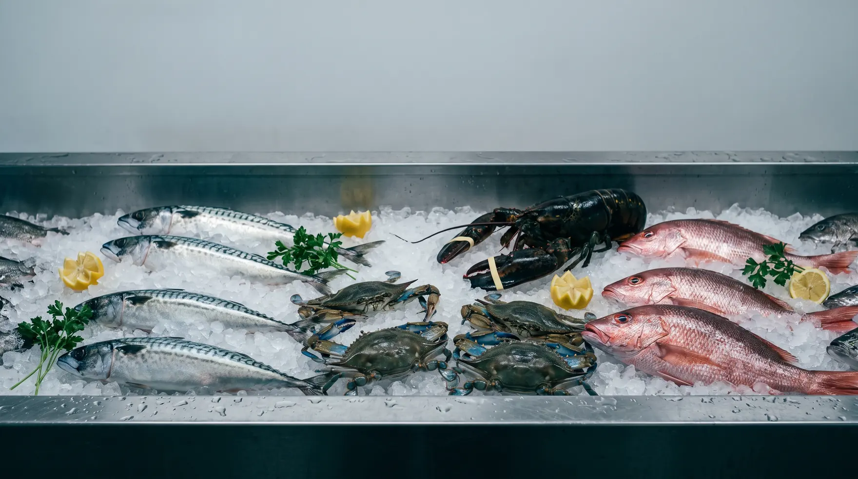 Fresh fish and shellfish on crushed ice at Pacific Seafood Market